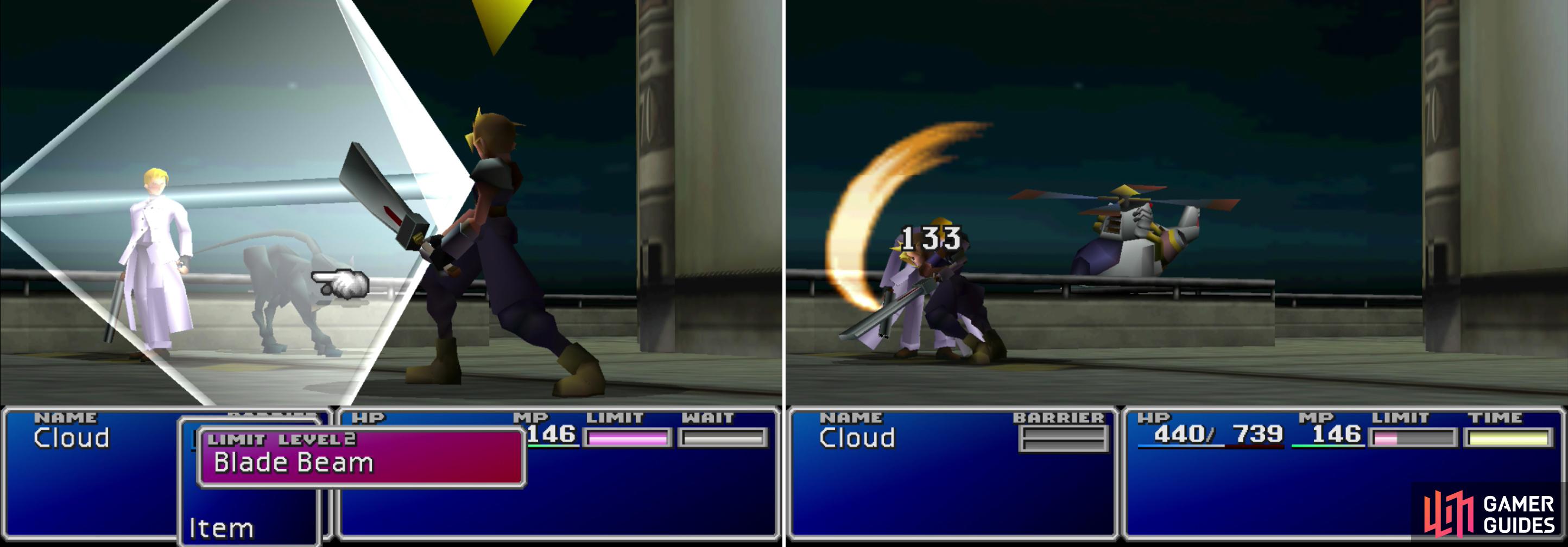 Rufus’s pet Dark Nation will start out the fight by protecting its master (left). In the long run, however, Rufus can’t trade blows for Cloud in a one-on-one engagement (right).
