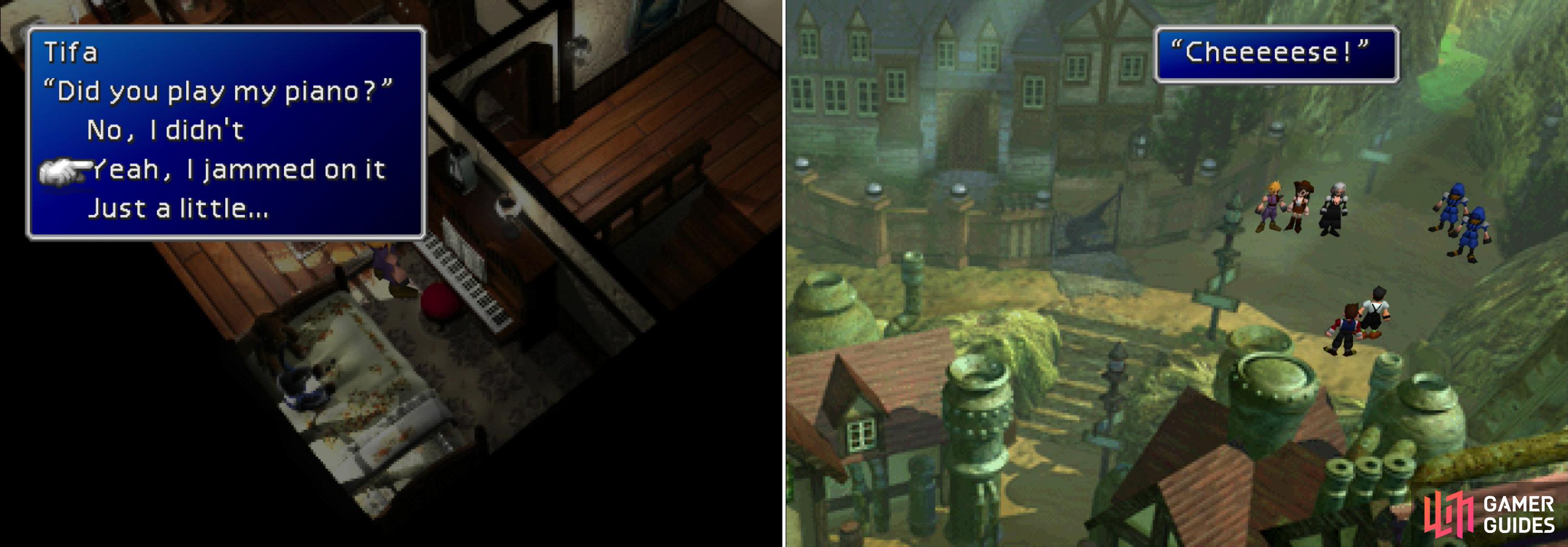 Say you “jammed on” Tifa’s piano to get rewards much, much later on (left). Before getting to work, pause for a fateful photo shoot (right).