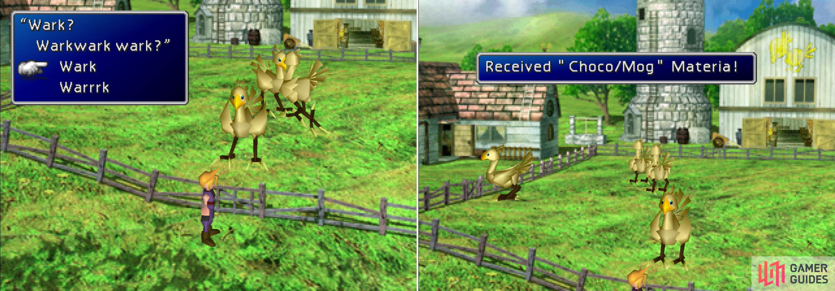 Respond to the Chocobos correctly (left) and, after their elegant dance, you’ll obtain the Choco/Mog Materia (right).