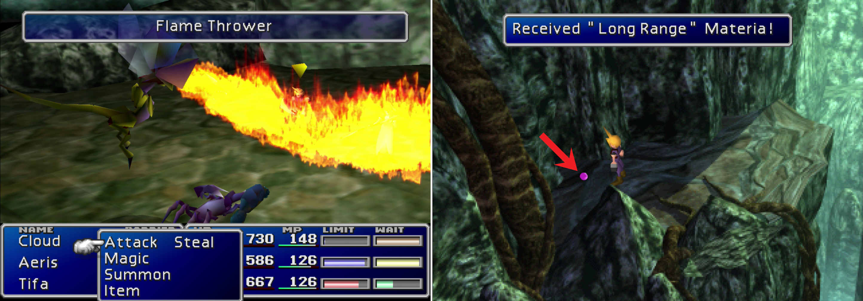 You can learn the “Flamethrower” Enemy Skill from Ark Dragons (left). Be sure to grab the Long Range Materia on your way through the Mythril Mines.