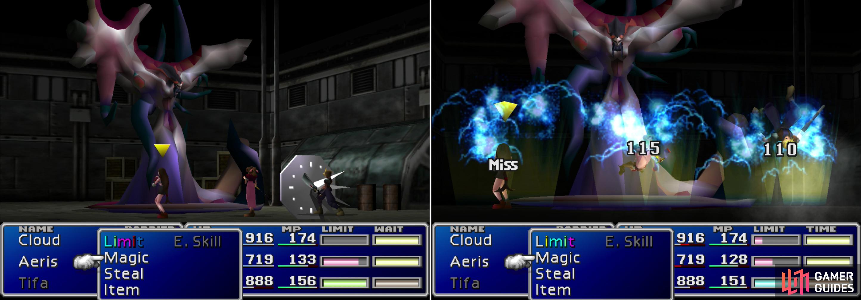 Jenova-BIRTH’s “Stop” spell can… well, stop a character in their tracks (left). Her “Tail Laser” attack will blast the entire party for a modest amount of damage (right).