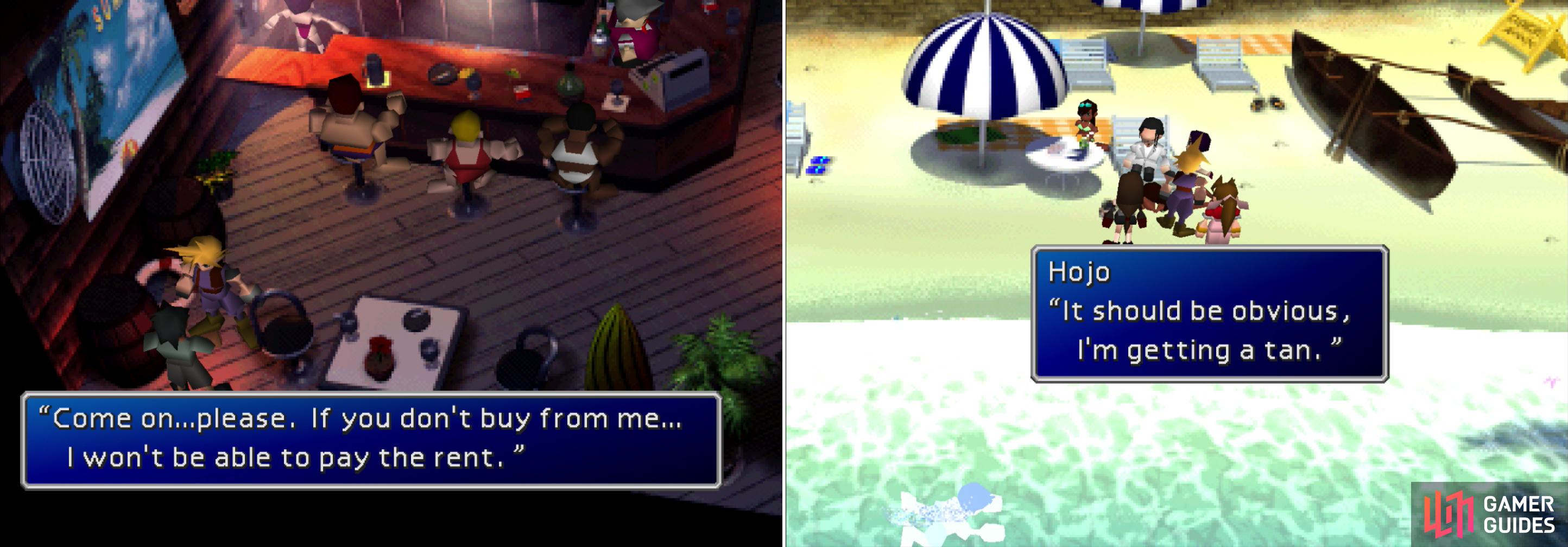 The shady merchant in the bar will sell some interesting pieces of armor (left). On the beach you’ll find Hojo, who seems too interested in your pursuit of Sephiroth (right).
