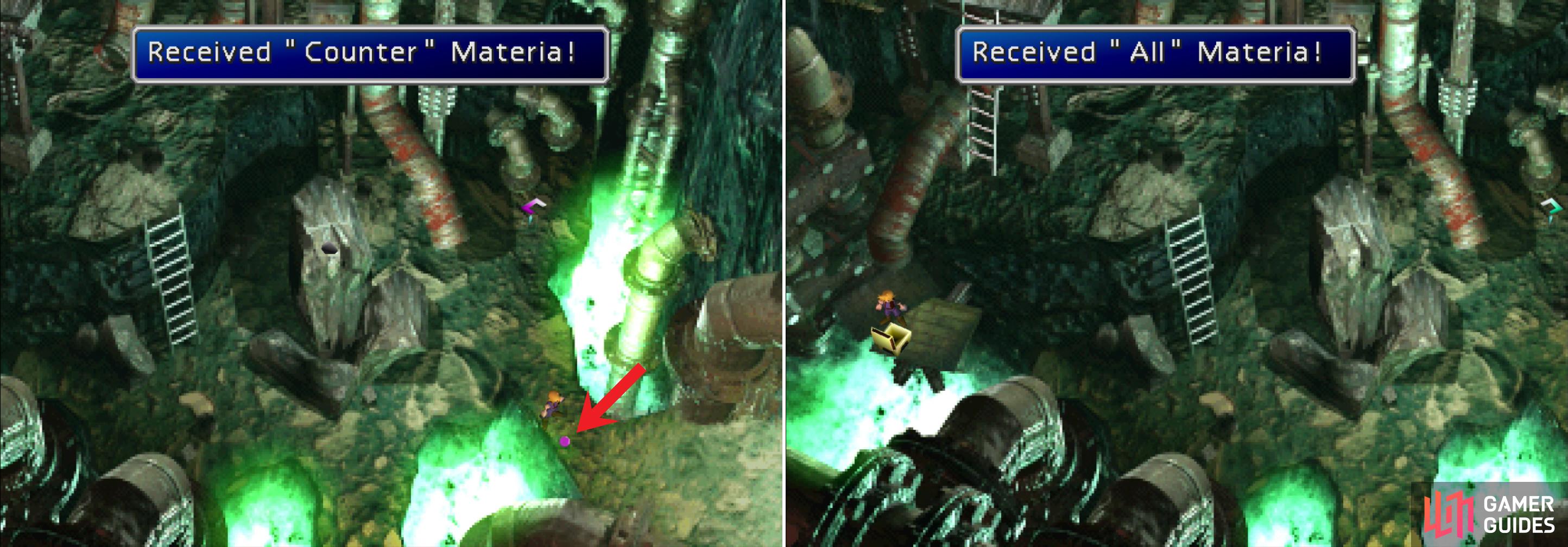 Grab the Counter Attack Materia from the fallen Materia Keeper (left), then take the chutes down to score various treasures, like this All Materia (right).