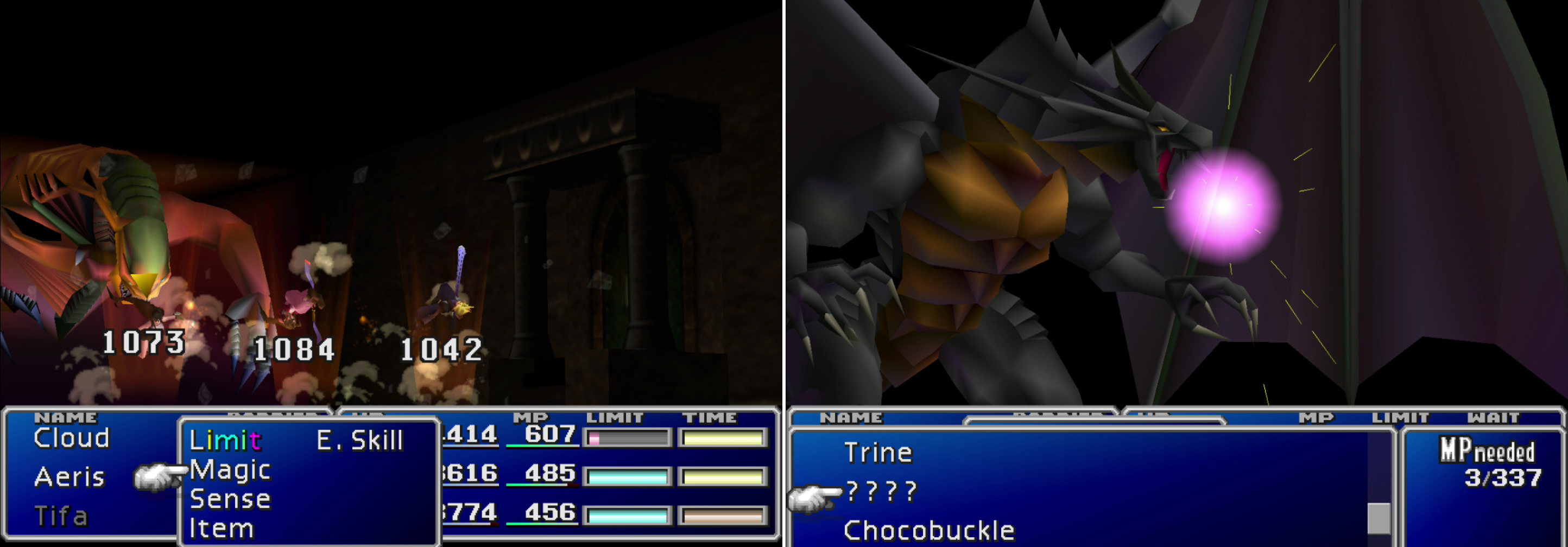 The Demons Gate’s “Demon Rush” attack can deal heavy damage to the entire party (left). Consider employing your new-found Bahamut Materia to shave off a hefty chunk of damage from this boss (right).