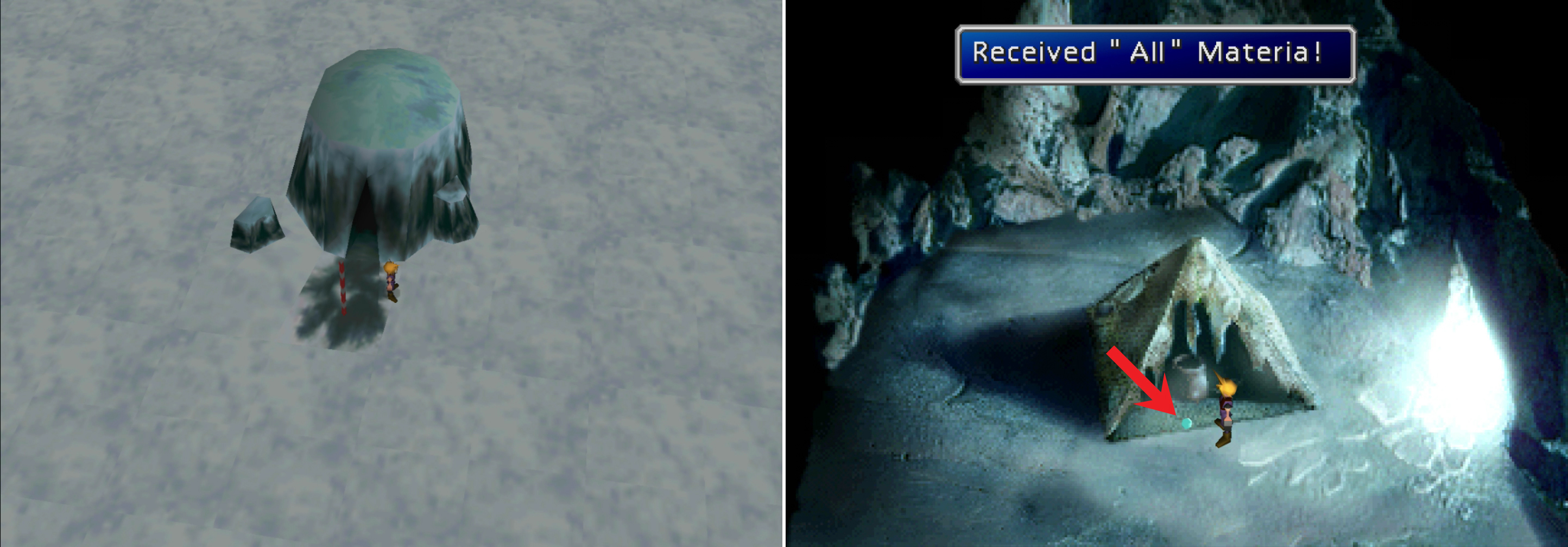 In the center of the Blizzard Tundra you’ll find a cave (left) inside of which you can find some All Materia (right).
