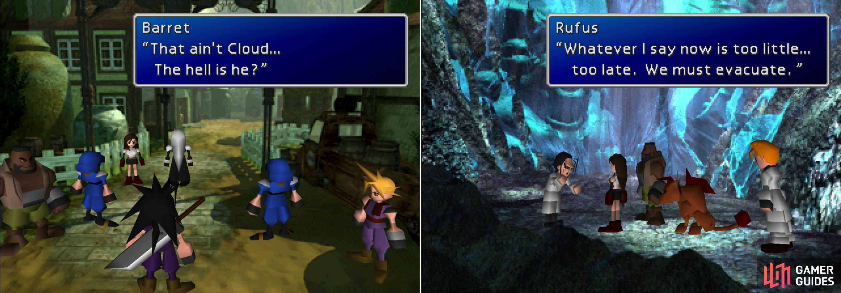 As Cloud closes in on the Promised Land, Sephiroth plays mind tricks with him by showing him illusions that call his past into question (left). After Cloud’s encounter with Sephiroth, the party and Shinra make odd bed-fellows (right).