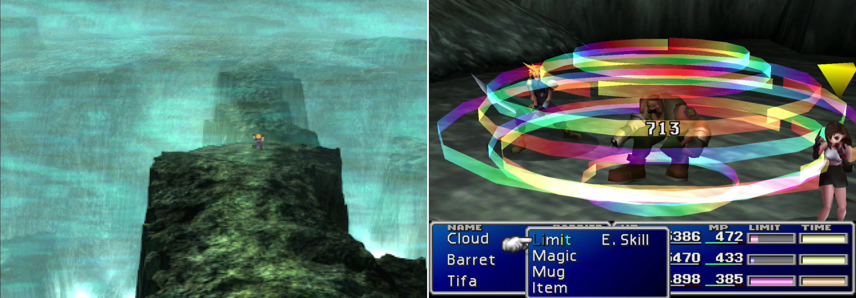 If you cross at the wrong time, you’ll be rebuffed by the elements (left) and forced to fight some Wind Wings, which can cast “Aero 3” (right).