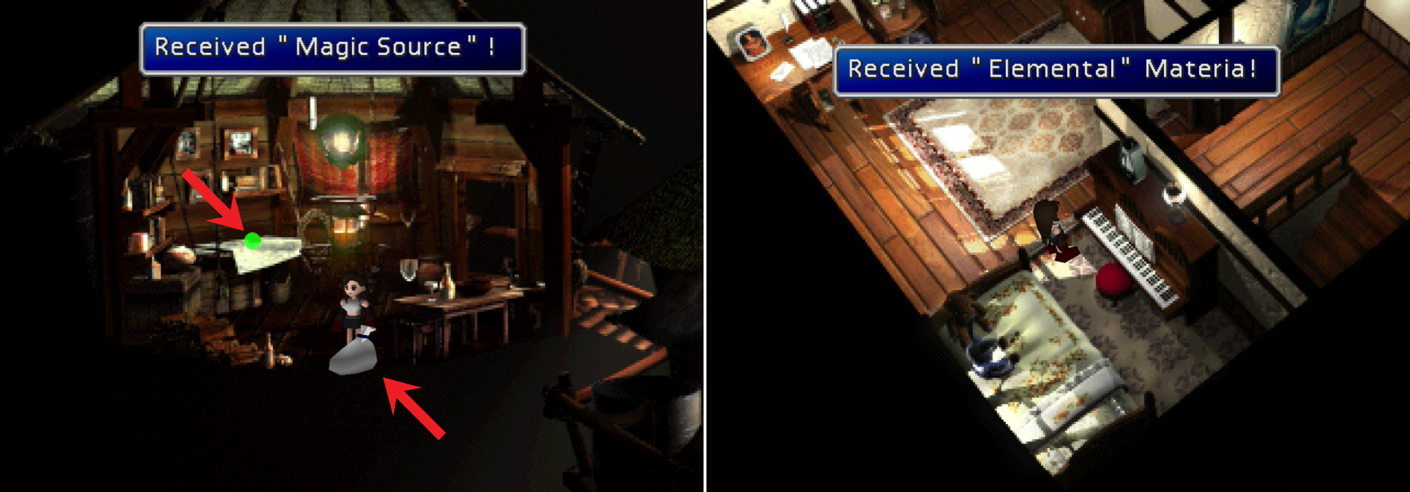 Search the item shop in Cosmo Canyon to score a Magic Source and the Full Cure Materia (left). If you “jammed on” Tifa’s piano earlier in the game, you can search her piano again to recieve a piece of Elemental Materia (right).