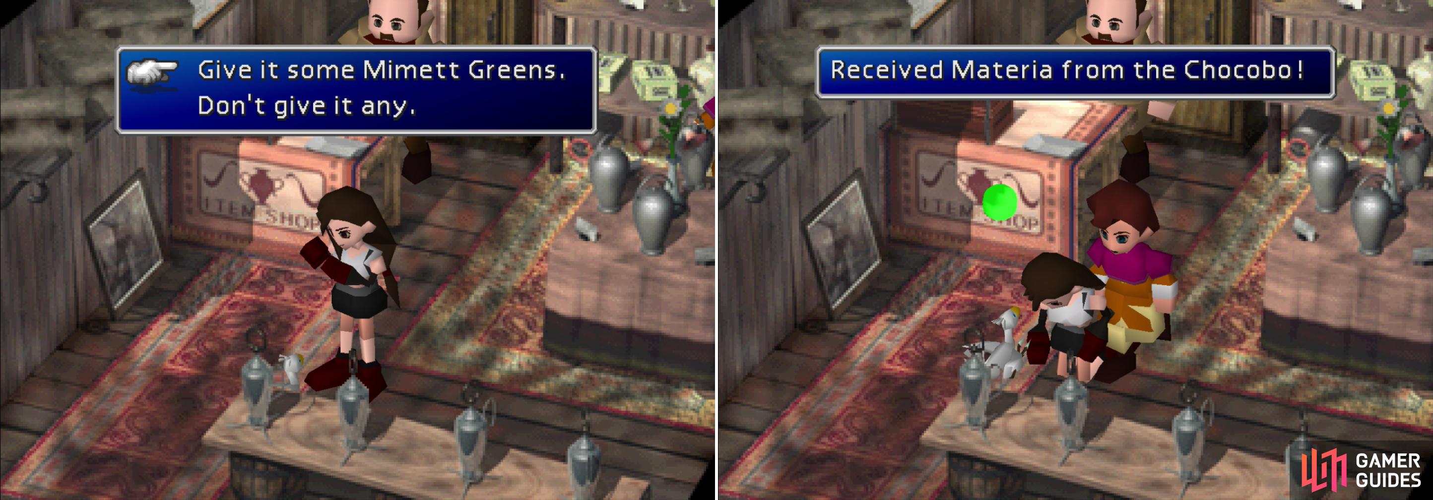 Give the greedy Chocobo some Mimett Greens and scratch behind its ear (left). For pleasing the Chocobo it’ll reward you with Contain Materia (right).