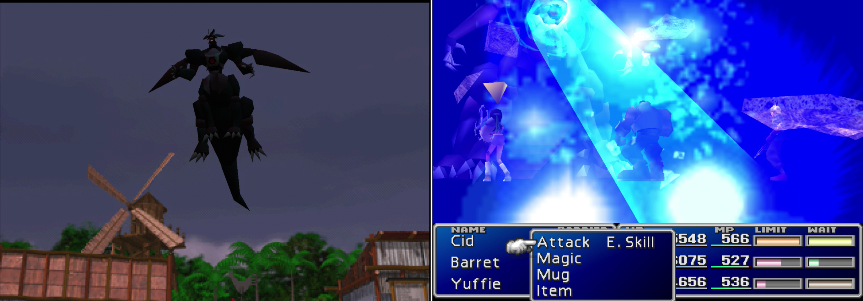 As the Lifestream threatens to erupt, Ultimate Weapon shows up to complicate matters (left). His “Ultima Beam” is fairly powerful, but Ultimate Weapon’s heart isn’t in this fight (right).
