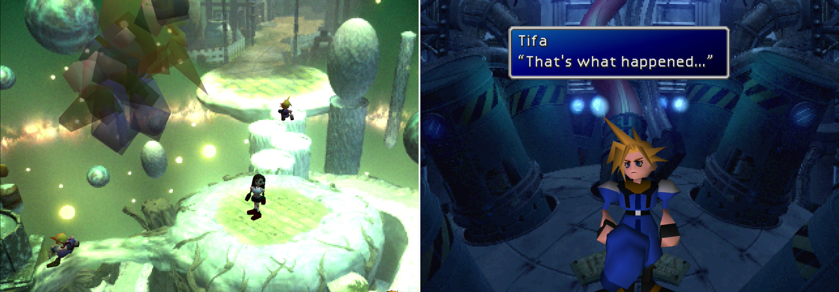 Tifa will have to help Cloud reassemble the broken fragments of his consciousness in the Lifestream (left). After picking through Cloud’s repressed memories, the truth will finally be revealed (right).