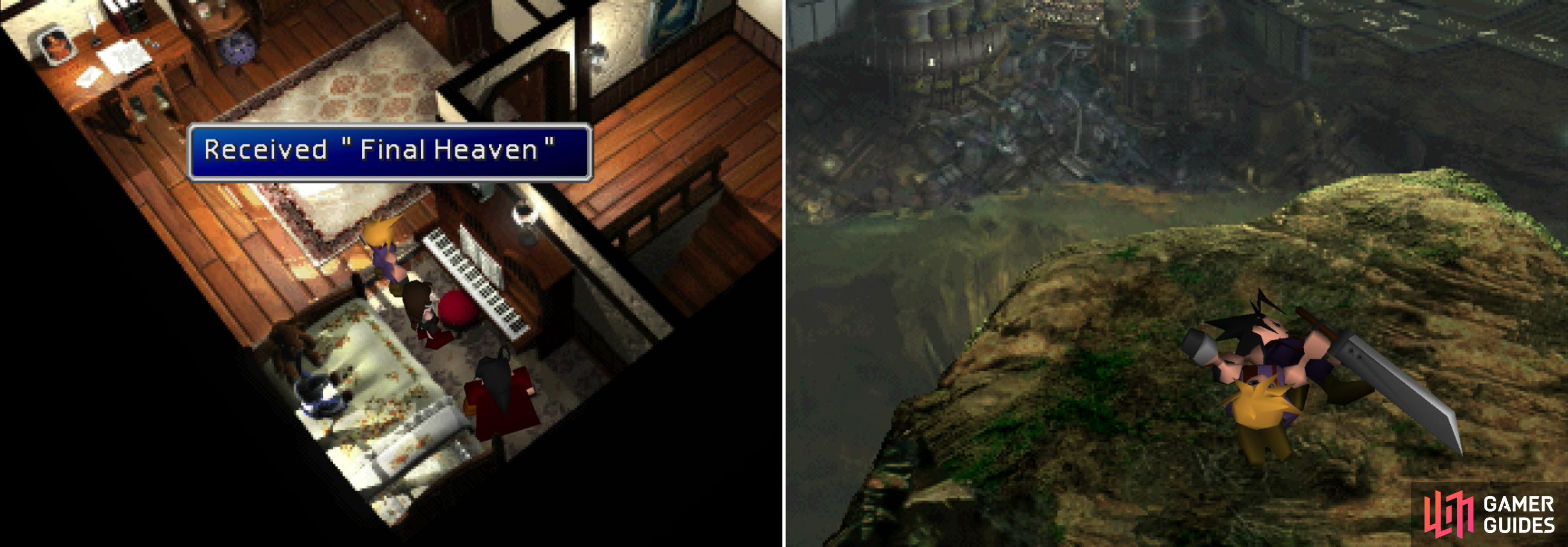 Play Tifa’s piano one final time to score her ultimate Limit Break (left) then return to the Shinra Mansion to find out more of Cloud’s backstory (right).