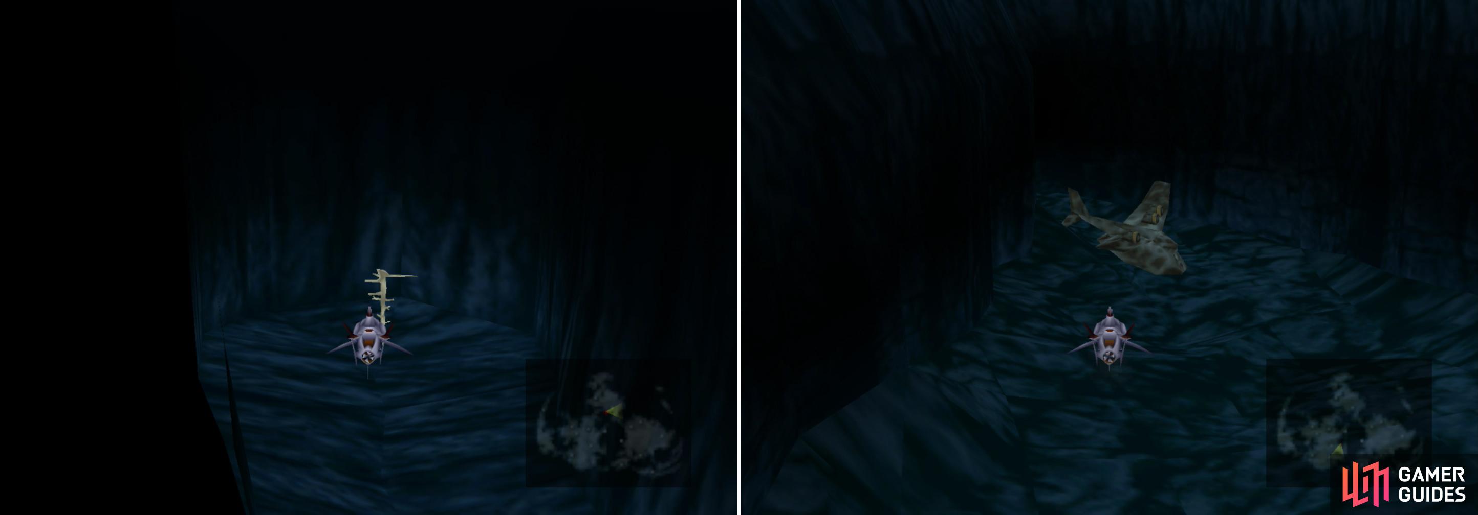 Find a cave along the northern continental shelf, in which you’ll find the Key of Ancients (left), then locate the sunken Gelnika on the sea floor near Costa del Sol (right).