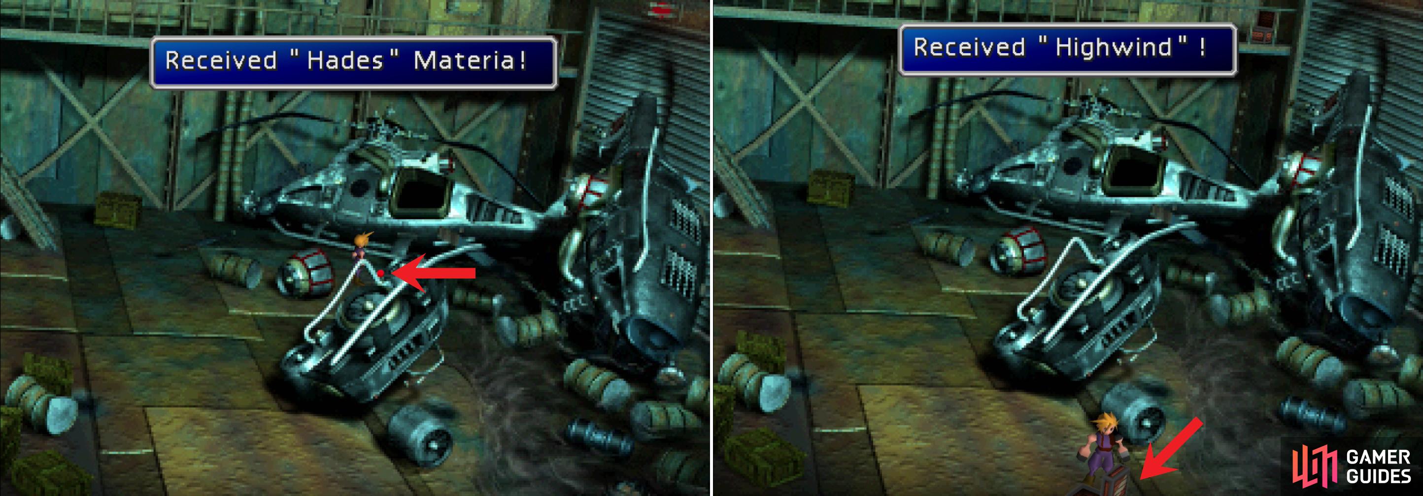 Find a piece of Hades Materia near a ruined helicoptor in the Cargo Room (left) then find Cid’s ultimate Limit Break “Highwind” in a chest along the southern end of the Cargo Room (right).