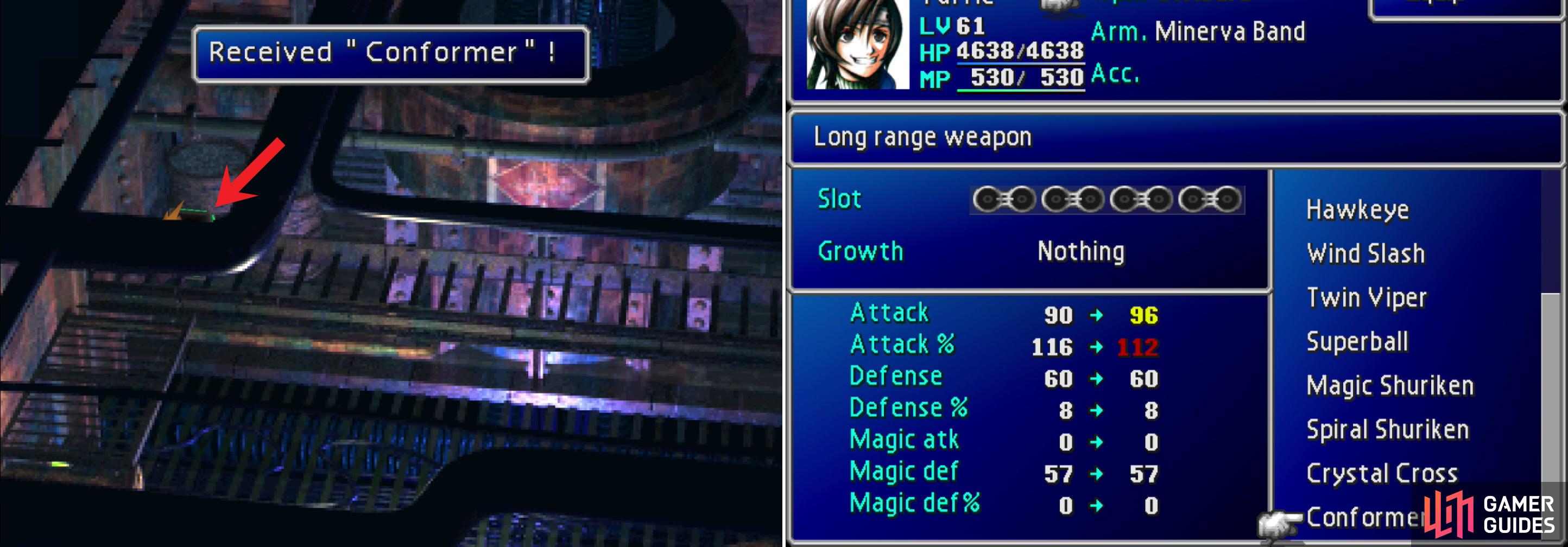 In a chest obscured by the foreground you’ll find Yuffie’s ultimate weapon, the Conformer (left). Not only is it Yuffie’s most powerful weapon, it’s also one of the strongest weapons in the game, thanks to how it charges (right).