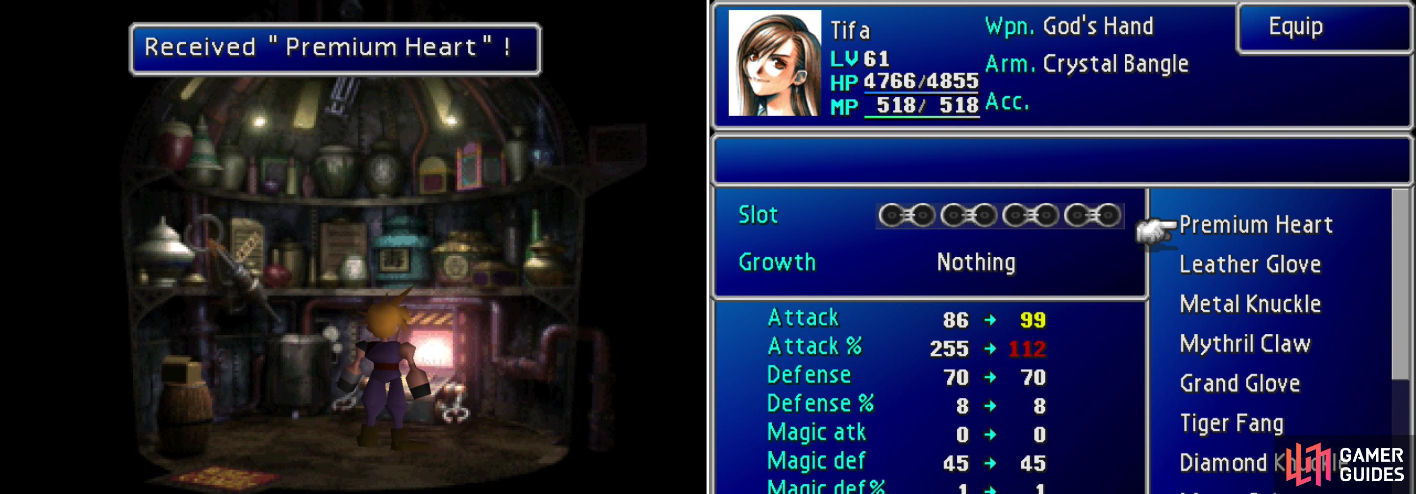 Molest the machine in the “ITEM” shop in Sector 6 to obtain Tifa’s ultimate weapon, the Premium Heart (left). Unfortunately for Tifa, the way it charges limits its usefulness compared to other ultimate weapons (right).