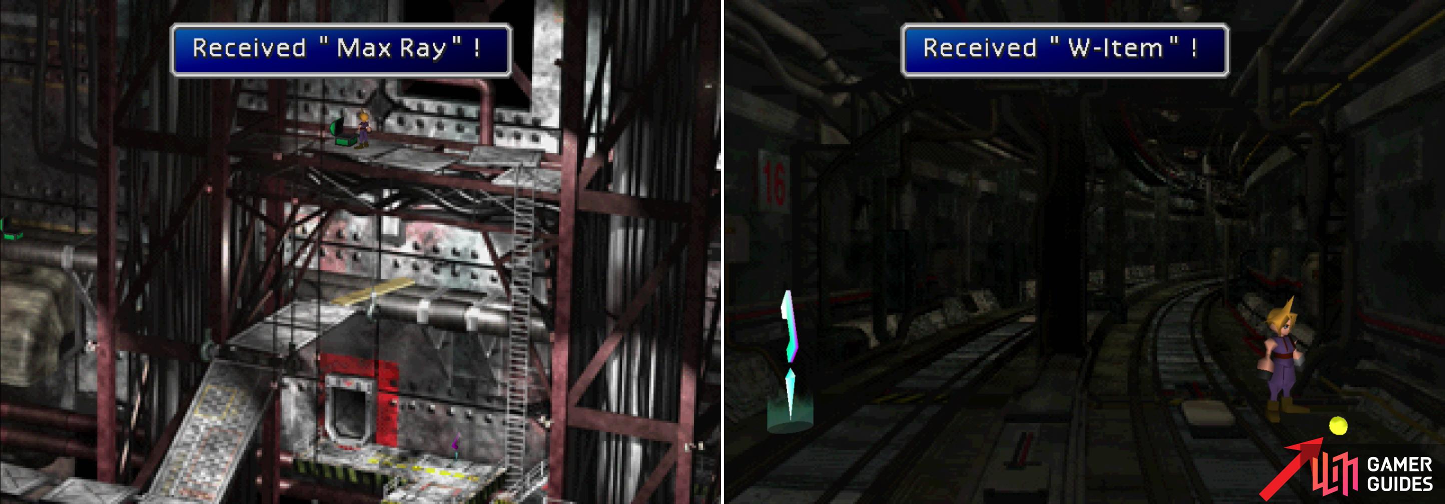Near the end of the Sector 8, Underground area you’ll find the Max Ray, one of Barret’s most powerful weapons (left). Explore the Winding Tunnel by heading in the wrong direction to find the W-Item Materia (right).