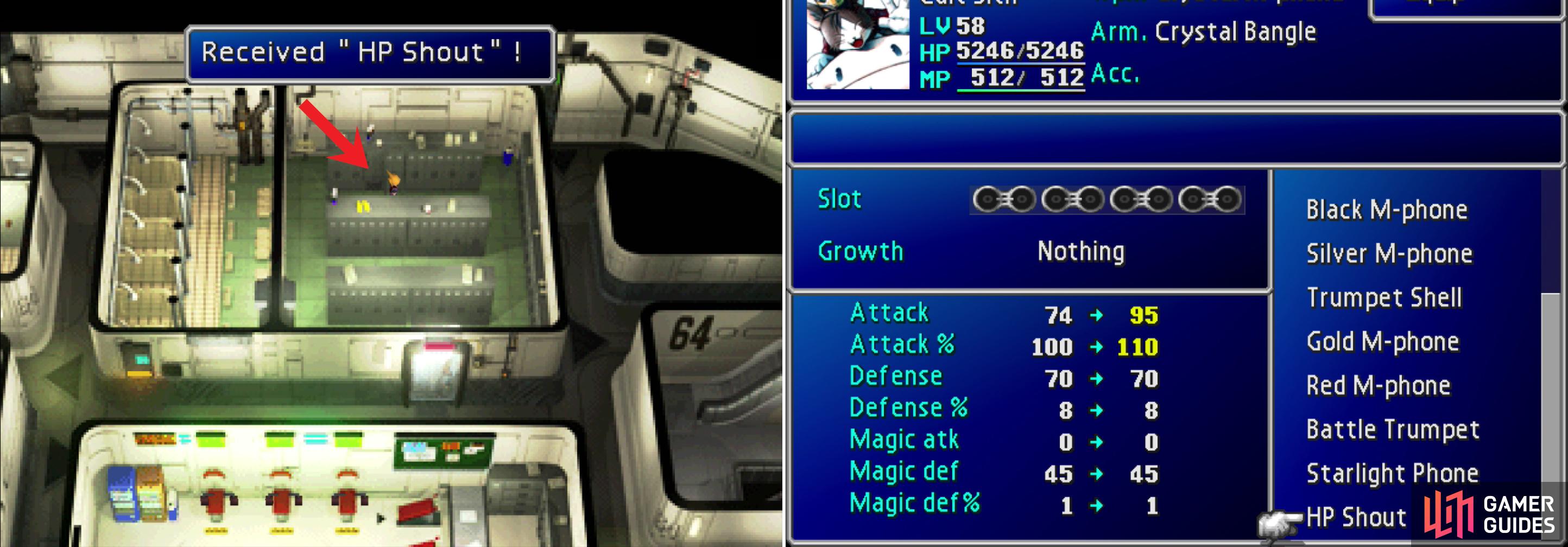 Return to the 64th Floor and search the lockers to claim the megaphone Cloud neglected earlier (left). This megaphone, the HP Shout, happens to be Cait Sith’s ultimate weapon, which deals more damage the fuller Cait Sith’s HP bar is (right).