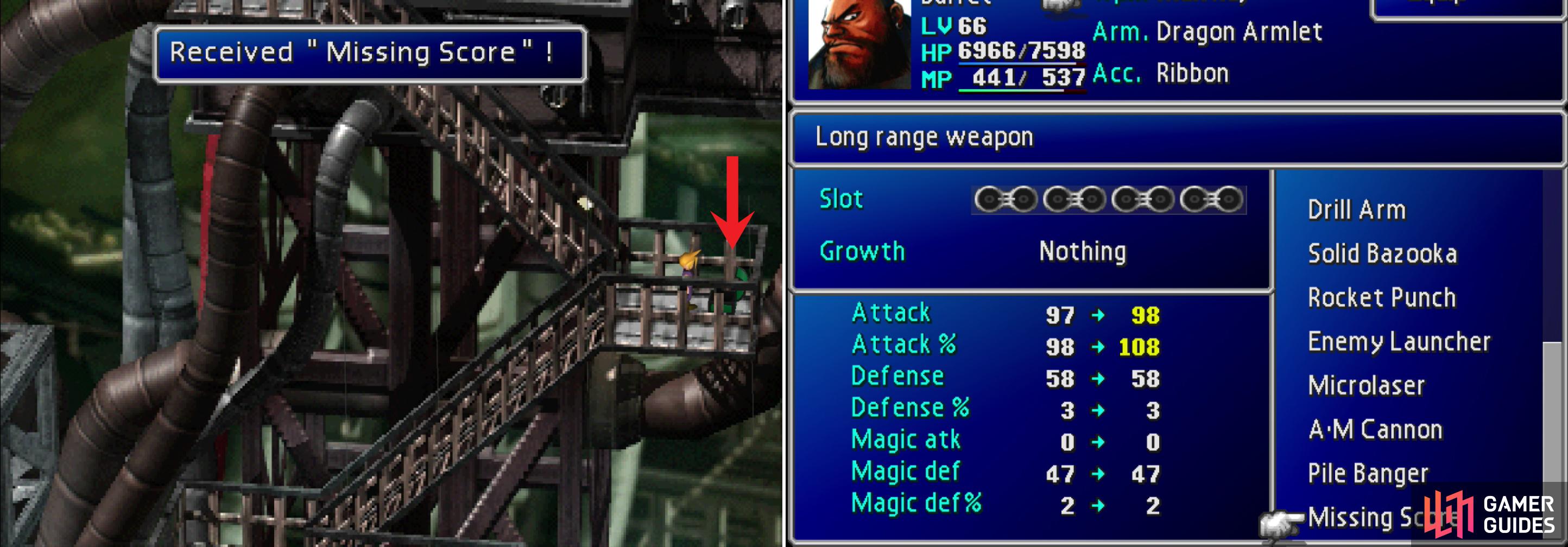 If Barrett is in your party you can find his ultimate weapon, the Missing Score, on the scaffolding leading up to the Sister Ray (left). This wonderful weapon charges based on how much AP is equipped in it (right), allowing him to do massive damage when he’s properly equipped.