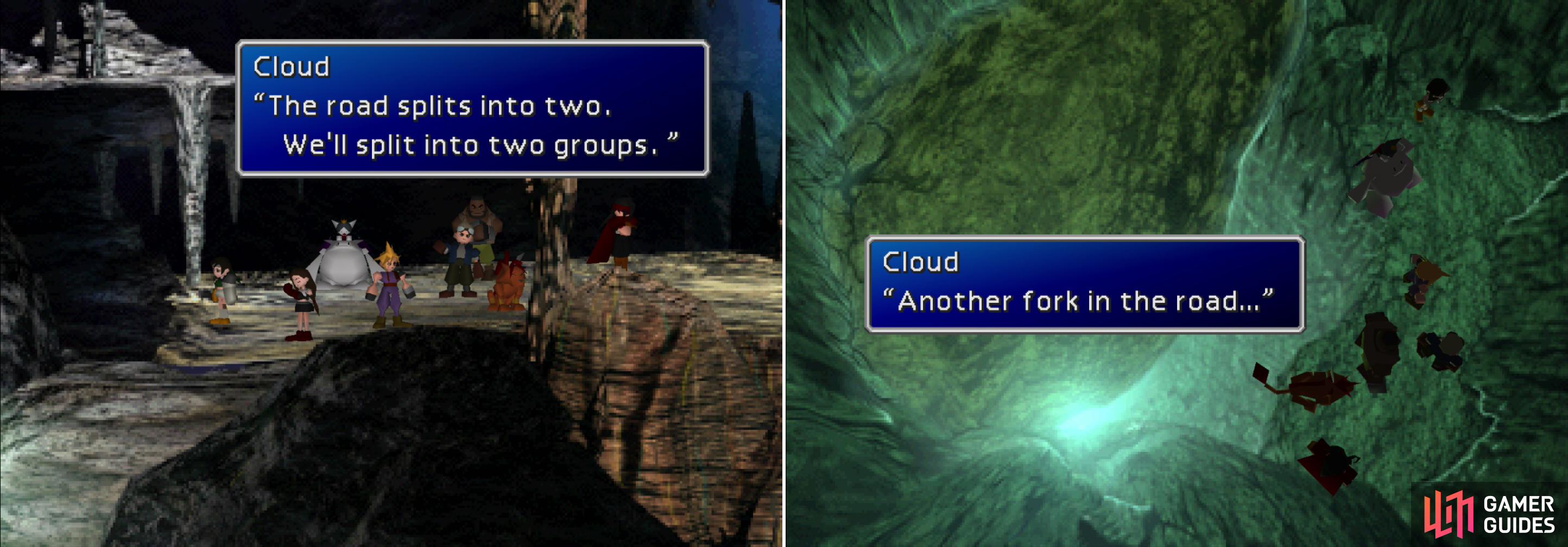 Spilt your party up by sending everybody but Tifa to the left (left) then split them again by sending Cid, Red XIII and Yuffie down, while sending Vincent up (right). Keep Barret and Cait Sith in your party.