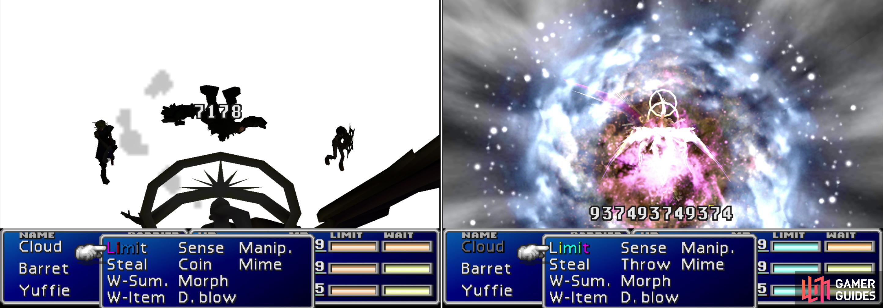 Safer Sephiroth’s “Shadow Flare” attack can deal massive damage to one character (left). But his most danger - and absurdly elaborate - attack is “Super Nova”, which inflicts a number of status effects and reduces all party members to 1/16th of their current HP (right).