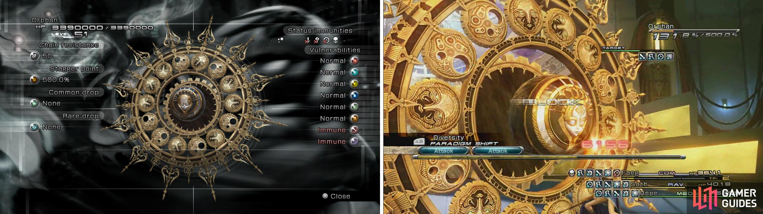 Orphan’s second form is the final boss of Final Fantasy XIII. Orphan’s true form is revealed after its shell is destroyed by the player party. Defeating Orphan completes the game.