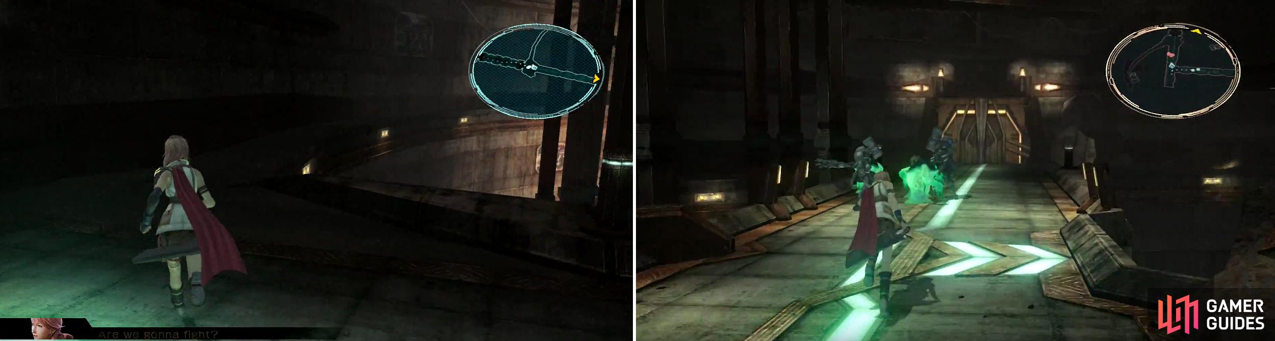 Use the ledges here (left) if you want a shortcut. If not, sneak up on the enemies fighting each other (right).