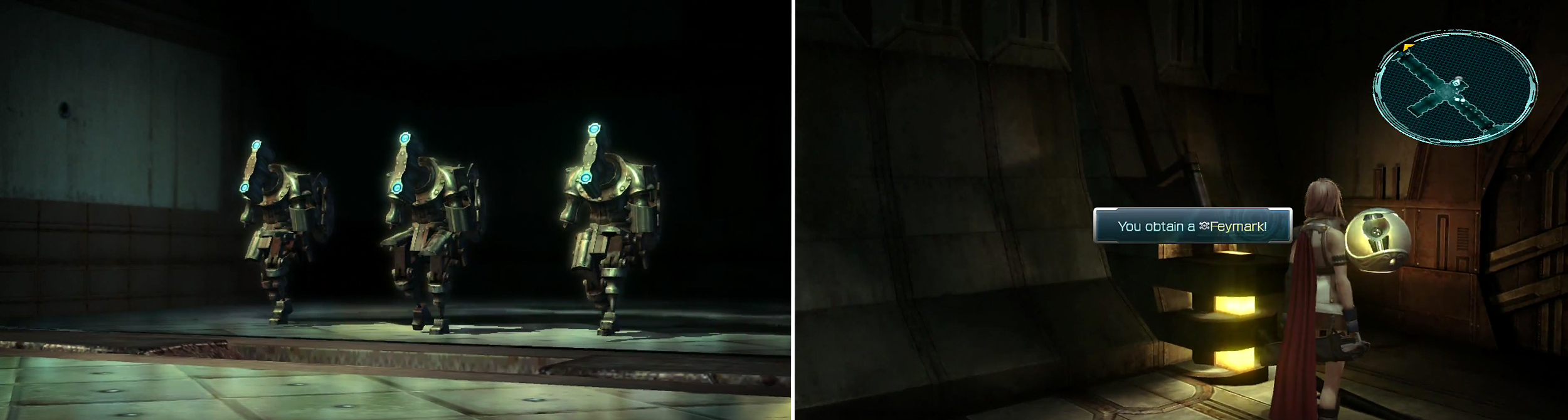 Enemies will be released from doors at the sides of the room (left). Later, you can find Snow’s Feymark weapon (right).