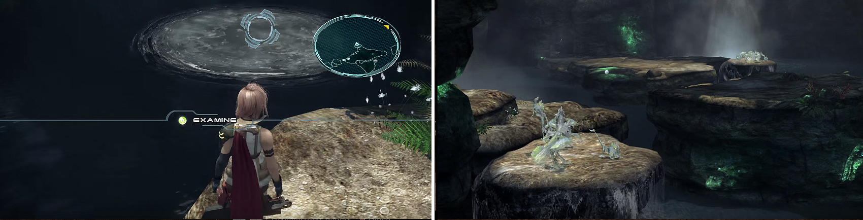 Examine the water here (left) to summon Bismarck and new platforms (right).