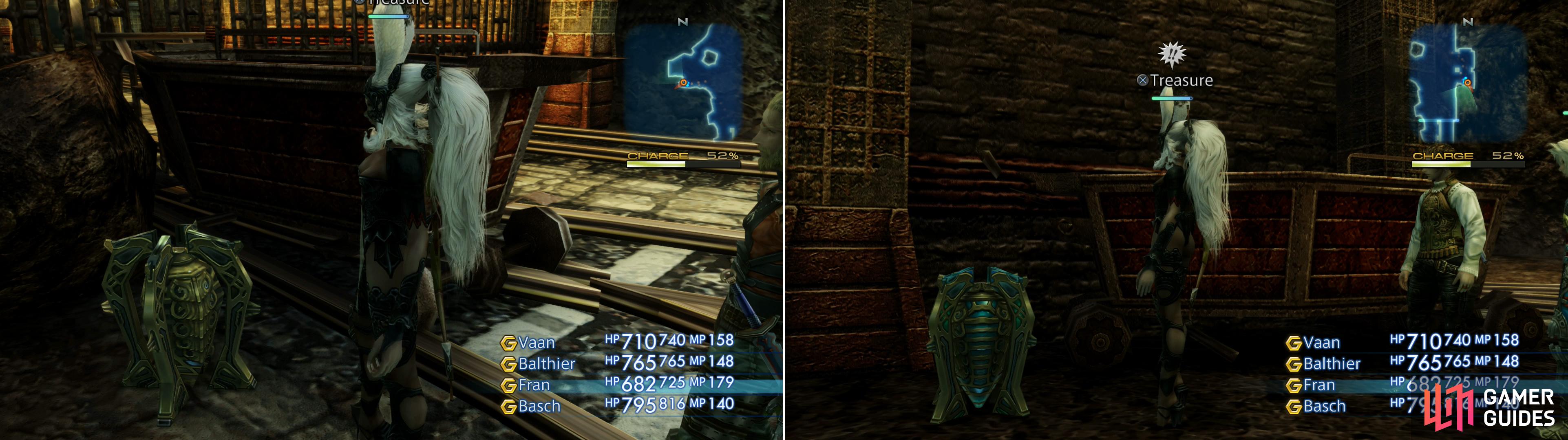 Normal, treasure-containing chests are bland (left) while Mimics posing as chests are distinctively more colorful (right).