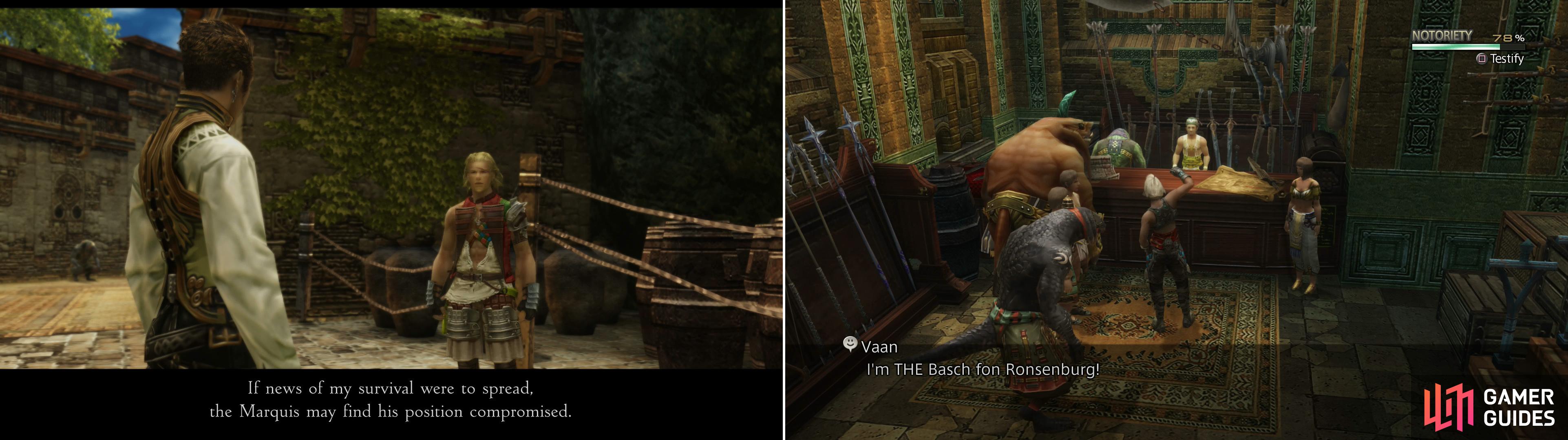 Balthier and Basch will conspire to get an audience with Ondore (left) for which purpose they’ll employ Vaan to cause a commotion (right).