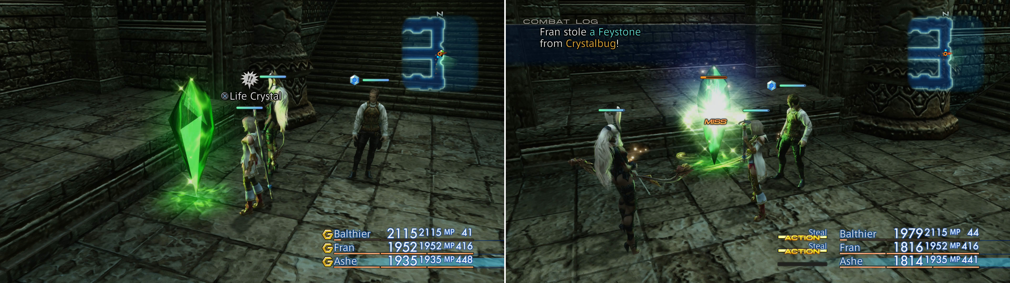 What appears to be a normal - albeit oddly-colored - Save Crystal (left) turns out to be a Crystalbug in disguise! Take the opportunity to steal a Feystone from it (right).