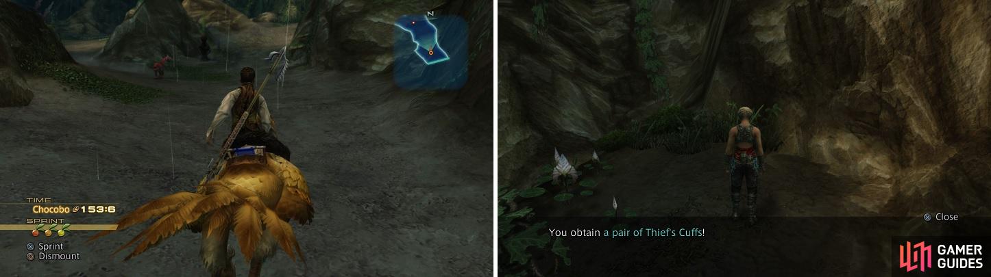You can ride the Chocobo to Babbling Vale without having to fight anything (left). The Thief’s Cuffs will make it easier to steal items (right).
