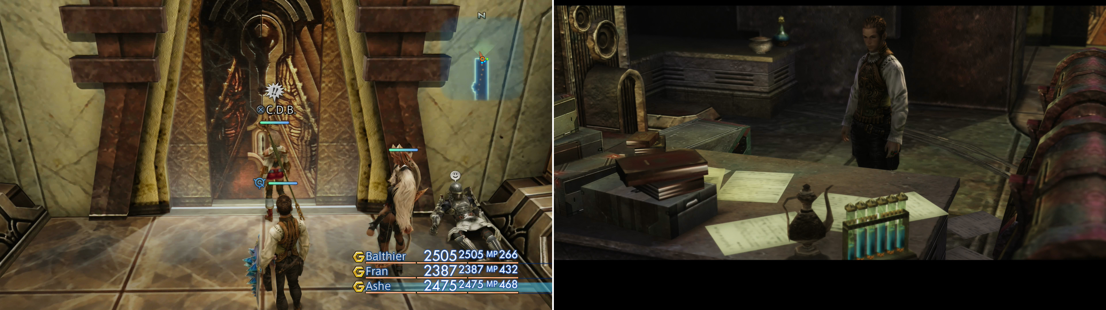 Locate the door to Doctor Cid’s office (left) inside of which Balthier will find the Lab Access Card (right).