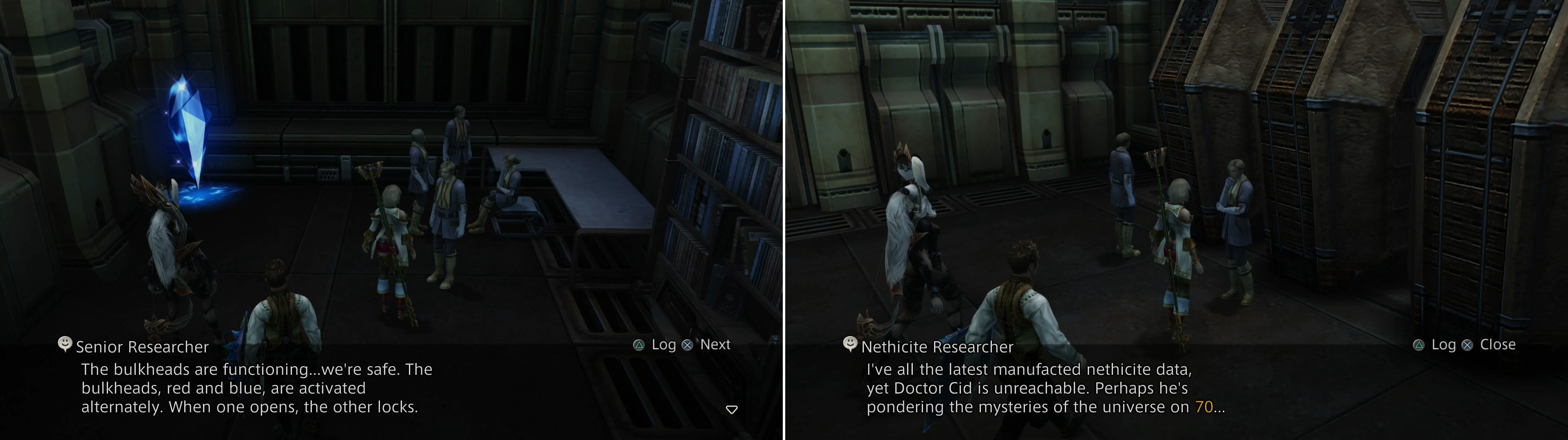 Talk to a Senior Researcher to learn how the bulkheads work (left), while another will unintentionally point you in the direction of Doctor Cid (right).