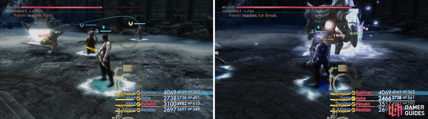 It can be expect that Fenrir hits hard physically (left), but he also has access to Ice Break for elemental damage (right).