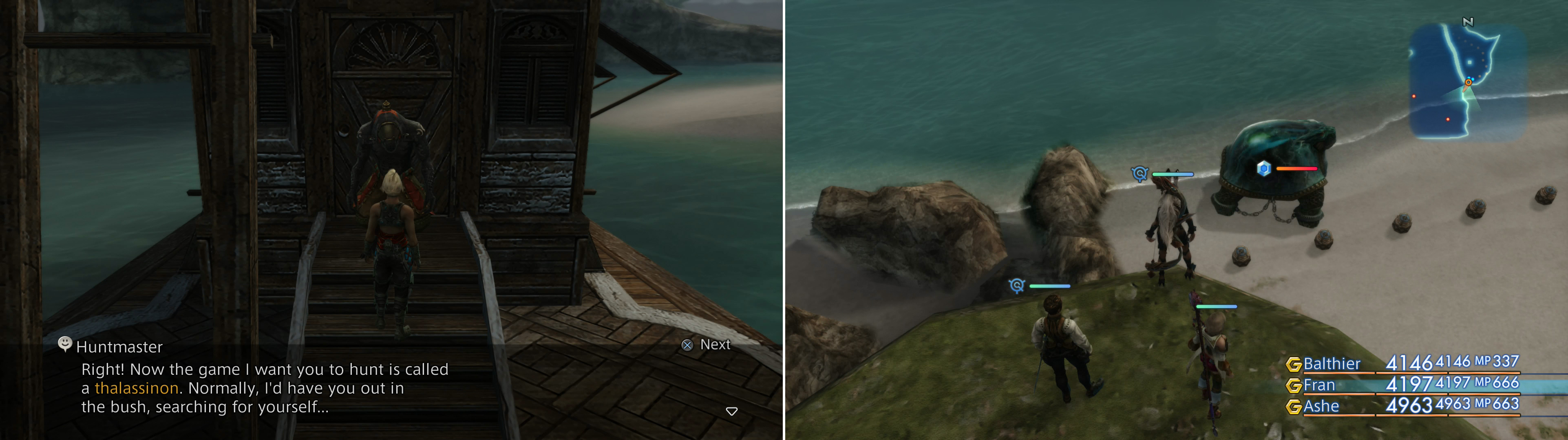 Talk to the Huntmaster on the Phon Coast and he’ll give you a challenge (left). Head to the Vaddu Strand and wait for your target - Thalassinon - to appear (right).