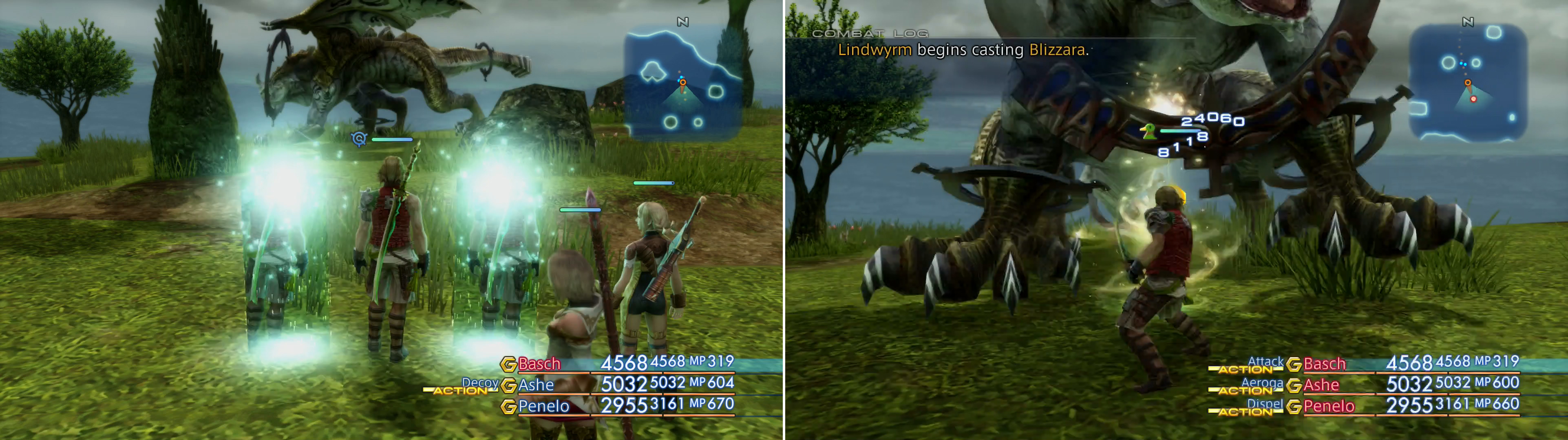 Cast Decoy on your tank (left) then engage Lindwyrm to draw its attention (right).