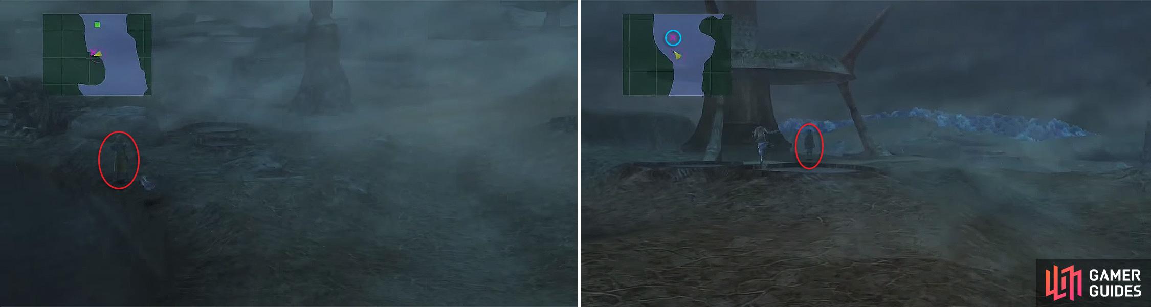 Look out for Cid (left) and the Ronso kids (right) both marked by the red X on your minimap.