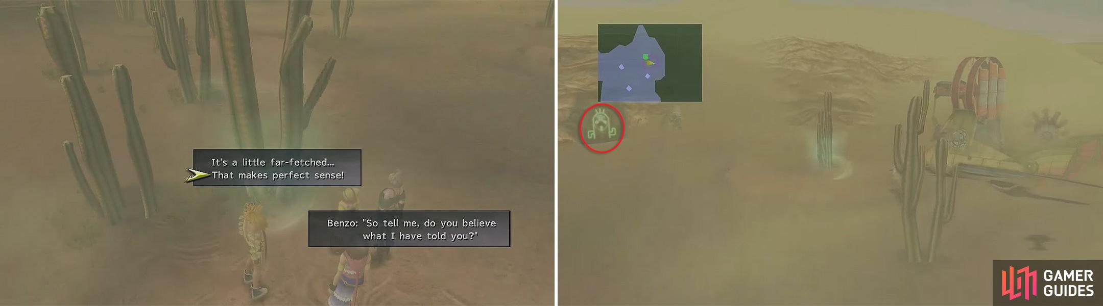 Listen to the explanation then select this option (left). You can find the Cactuars by the green glowing outline of them (right).