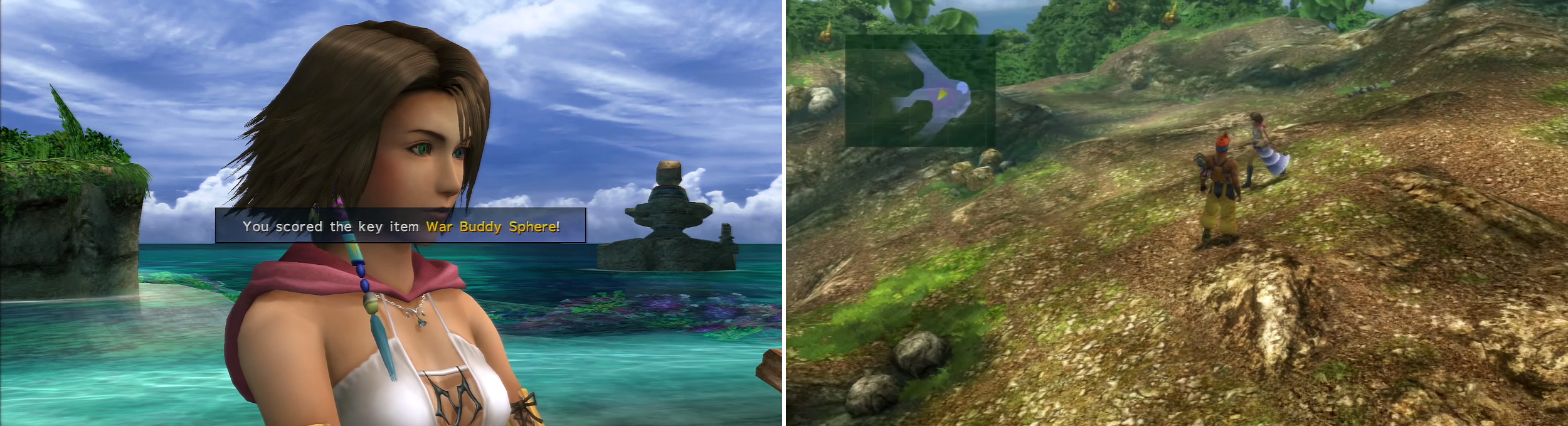 Speak to Beclem at the beach to receive the War Buddy Sphere (left) then return to Wakka (right) at the village entrance to complete this part.
