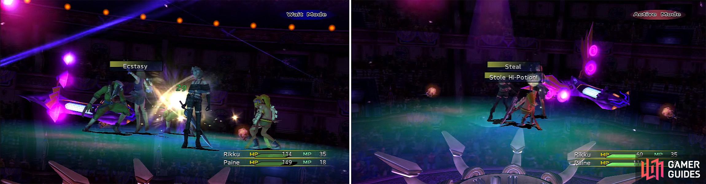 Ecstasy (left) can double the parameters of the Goons but it isn’t a significant threat. It is good practice to steal (right) from enemies, especially at this early stage.