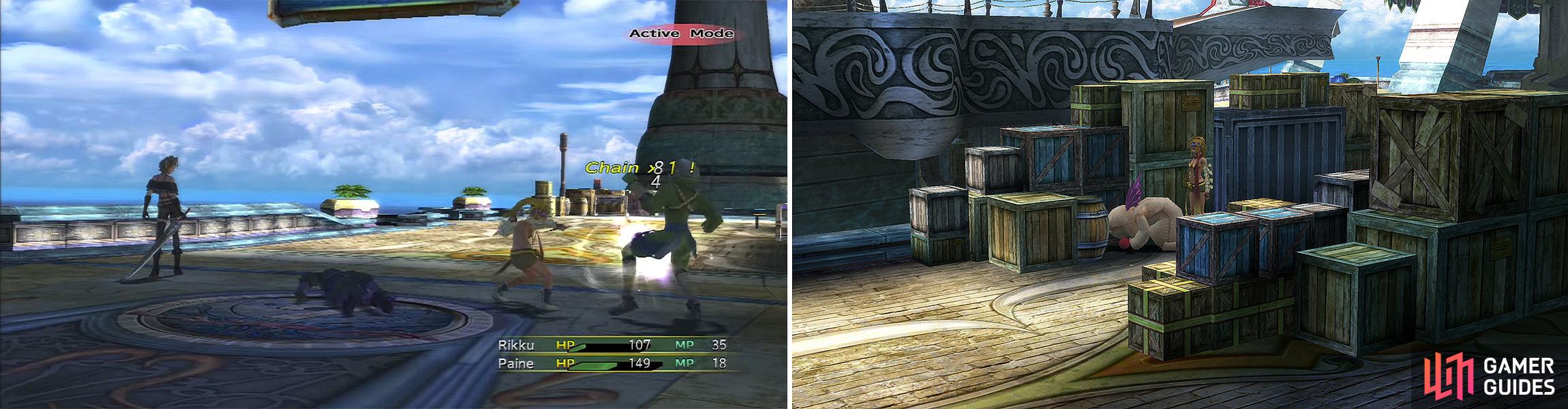 If you time your attacks, you can Chain them (left) to increase damage. Find the person hiding in the Moogle outfit (right), as this counts towards 100% game completion.