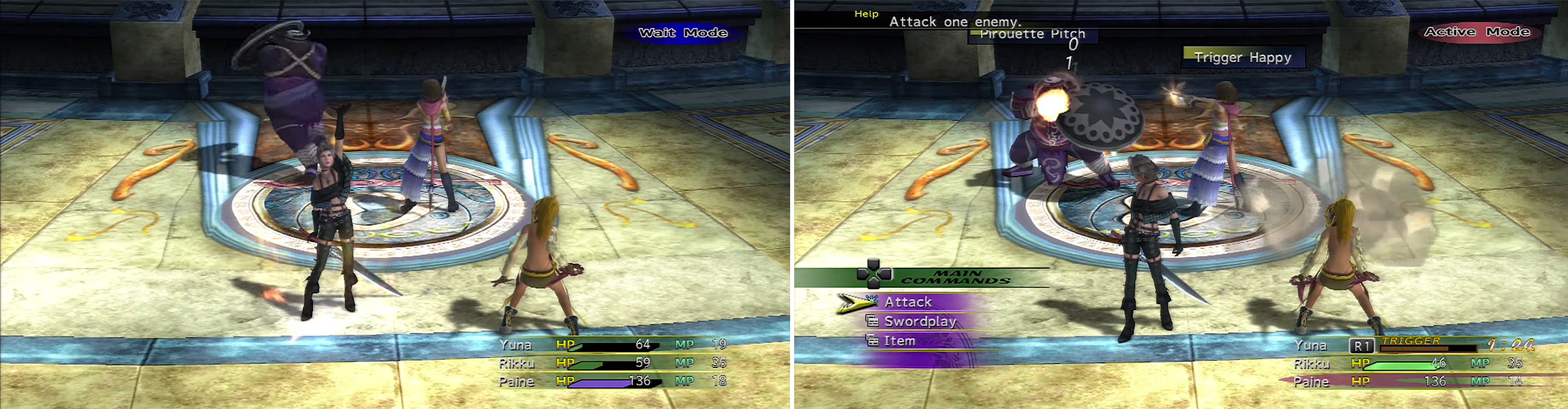 Ormi will do Pirouette Pitch (left) for quite a while but its damage isn’t that troublesome. Yuna can use Trigger Happy (right) to build up a nice chain of damage.