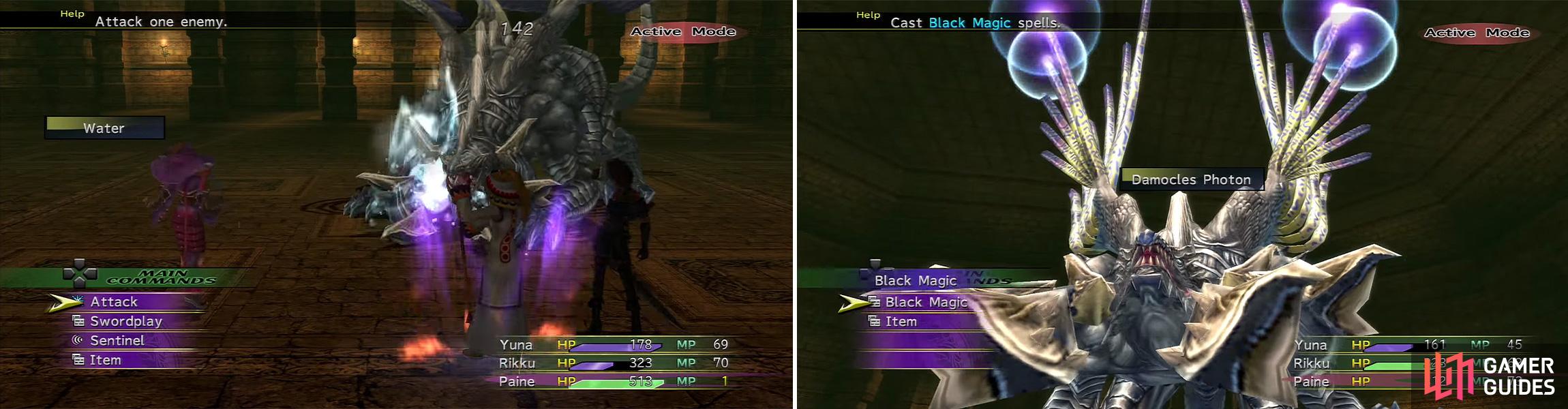 Elemental attacks (left) are the best way to kill Guardian Beast. Damocles Photon (right) is a powerful attack the Beast will use once its HP is under 1000.
