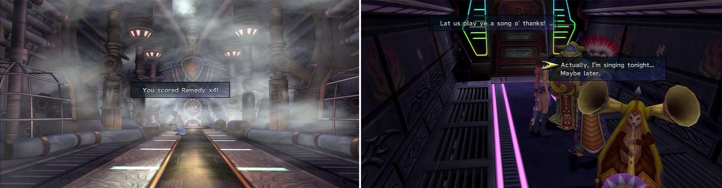 The chests in the Engine Room have replenished (left). You need to ask the musicians to accompany you and then push them in the elevator (right).