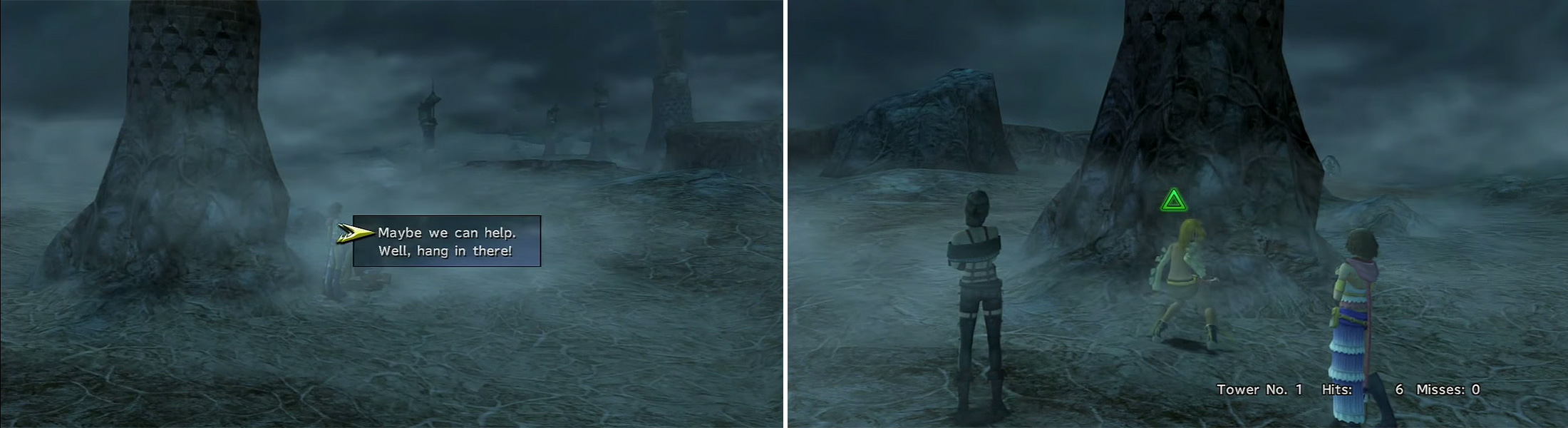 Speak to the man kneeling down here to initiate the quest (left). Yuna, Rikku and Paine all have unique input methods of calibrating so choose whichever one you find easiest (right).